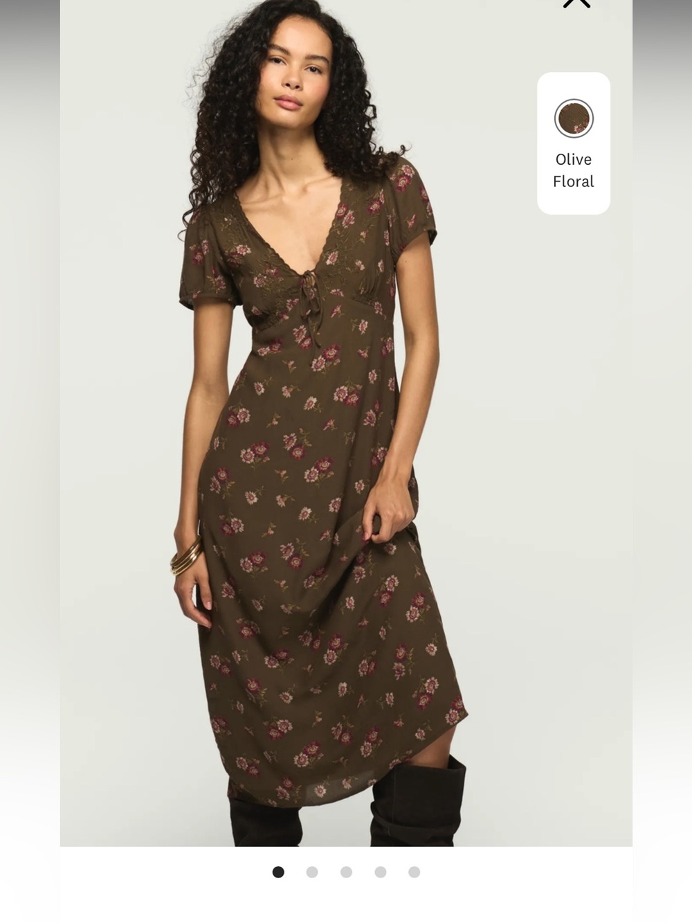 Lucky Brand Olive Floral Midi Dress with Pink Accents